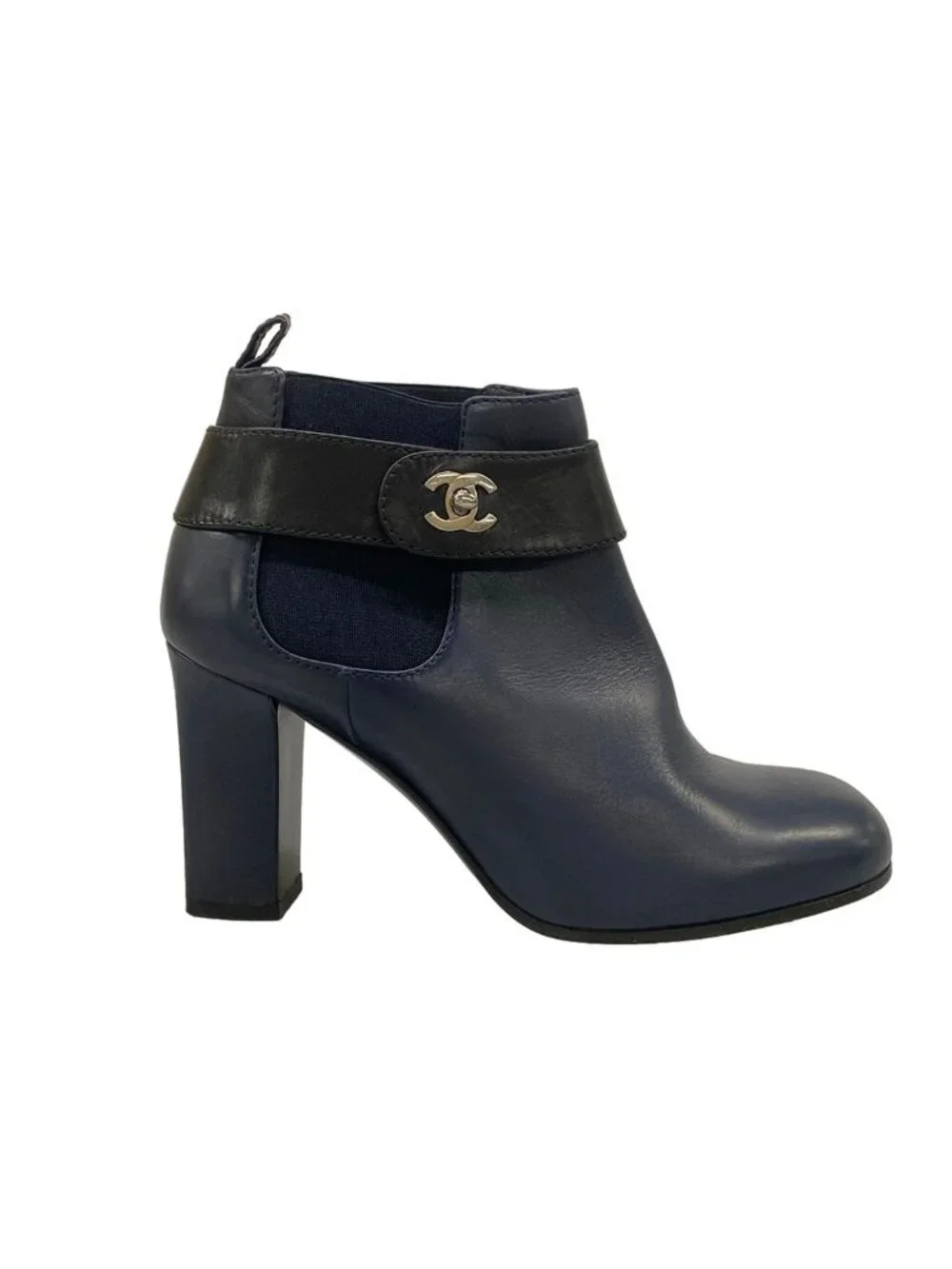Chanel Booties 35 C Navy Black Side Gore CC Logo Leather Boot